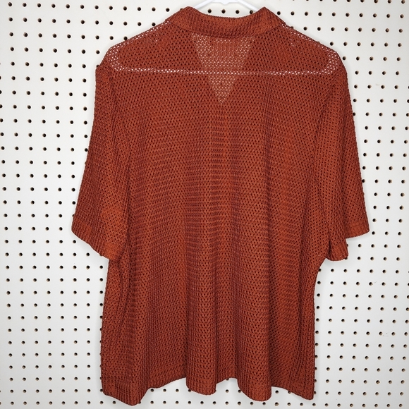 Y2K Vtg Mesh Shirt 24W Button Collar Short Sleeve Sheer Rust Orange Top - Picture 2 of 5